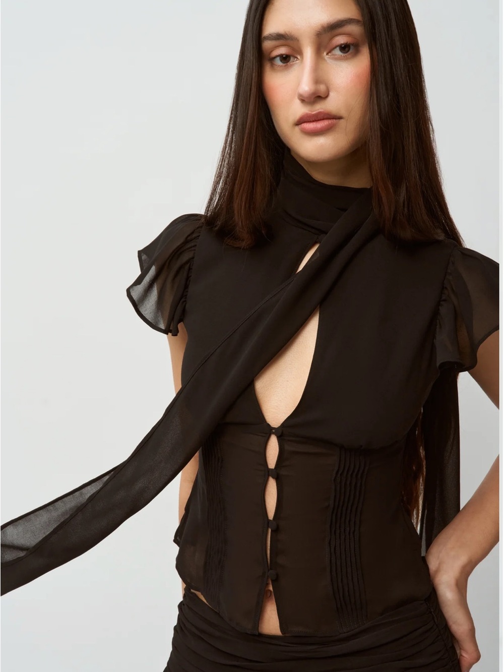 Danielle Guizio Black Sheer Tie-Neck Blouse with Keyhole Front